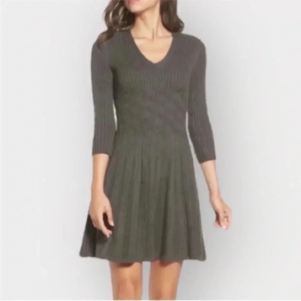 Eliza J Fit and Flare Cable Knit Ribbed Sweater Dress Gray Sz S